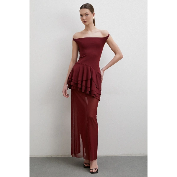 Boyun Askılı Fırfırlı Tül Elbise Bordo