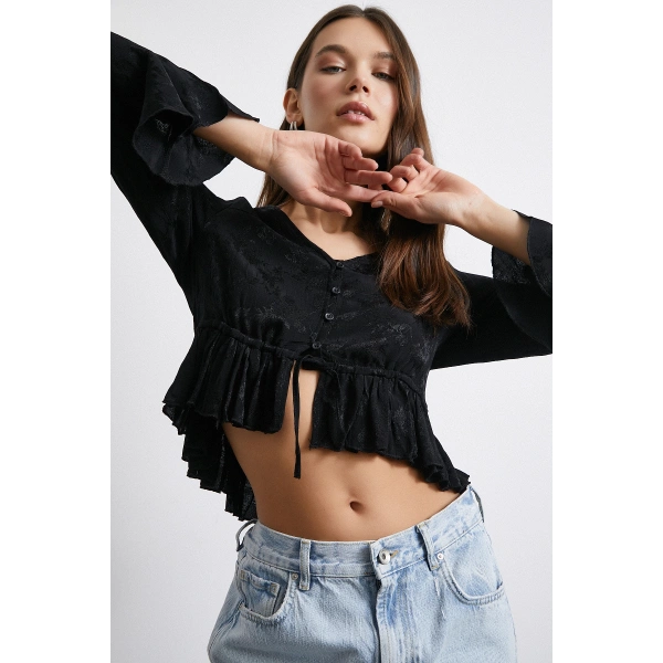 V Yaka Fırfırlı Bluz Siyah