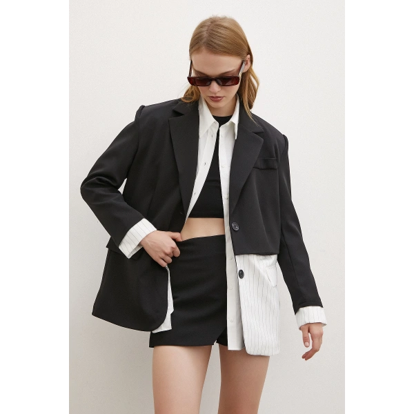 Çizgi Detaylı Çift Düğmeli Blazer Ceket Beyaz