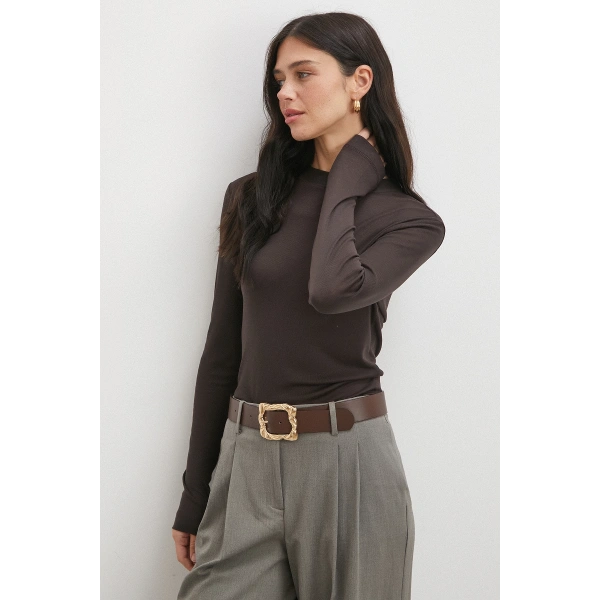 Bisiklet Yaka Kol Bluz Kahve