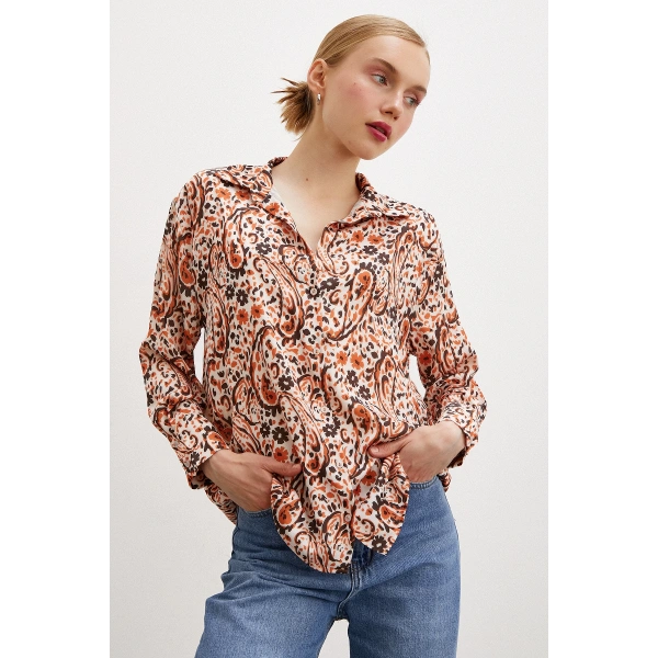 Desenli Gofret Saten Gömlek Oranj
