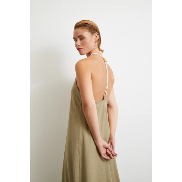 İp Askılı Keten Elbise Haki