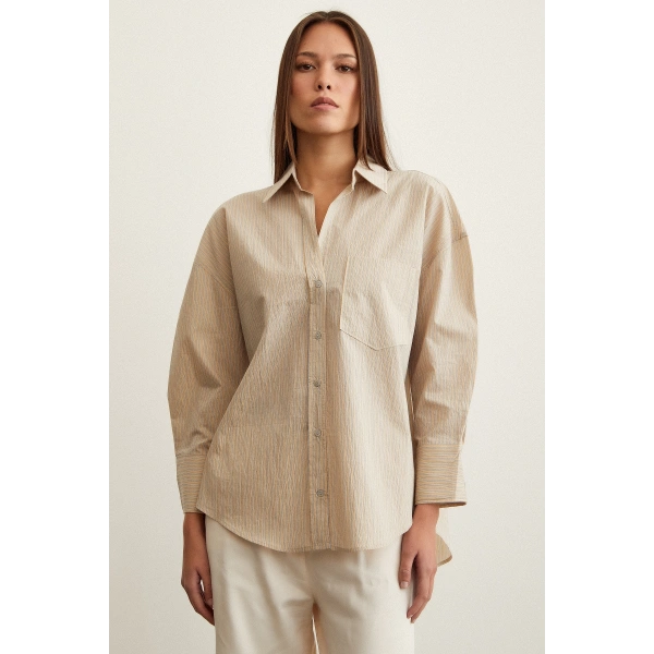 Çizgili Oversize Gömlek Bej