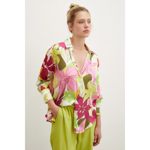 Çiçek Desen Saten Gömlek Pembe