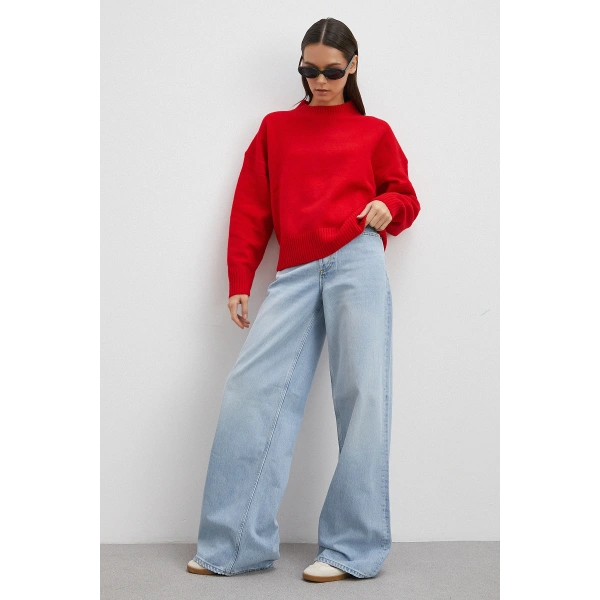 Yüksek Bel Geniş Paça Pantolon Buz Mavisi