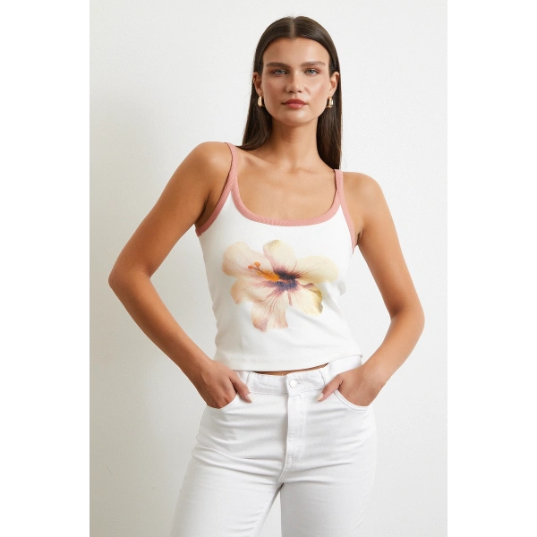 Çiçek Baskılı Askılı Top Ekru