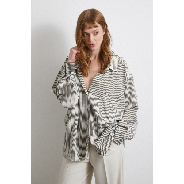 Yarasa Kol Çizgili Gömlek Haki