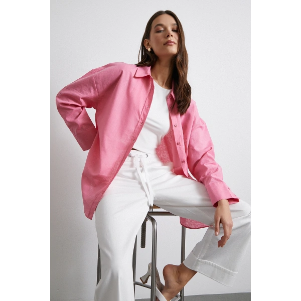 Lendy Keten Gömlek Pembe