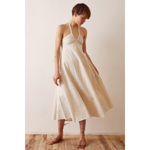 Sırt Dekolteli Askılı Elbise Krem