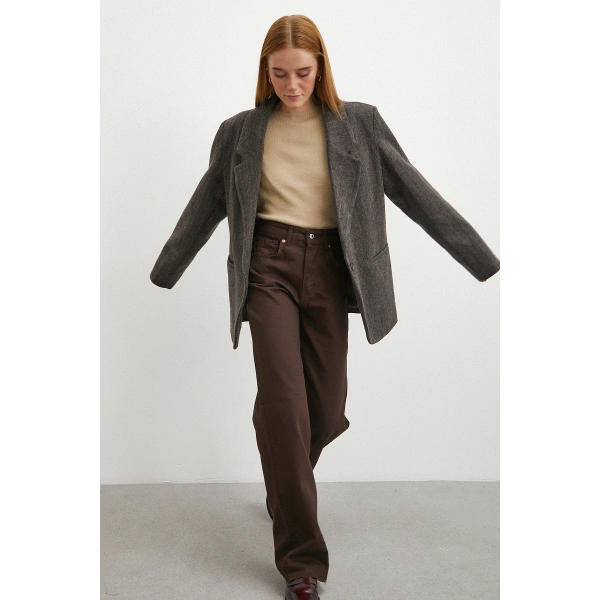 Yüksek Bel Kesik Boru Paça Jean Kahve