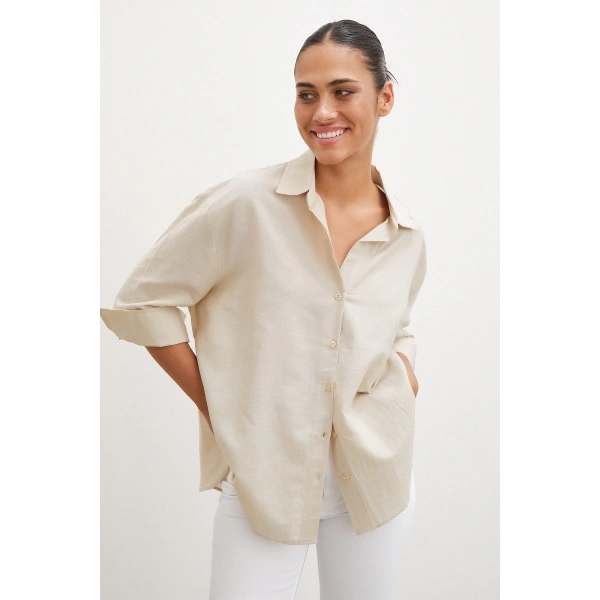 Yırtmaçlı Fakir Kol Gömlek Bej