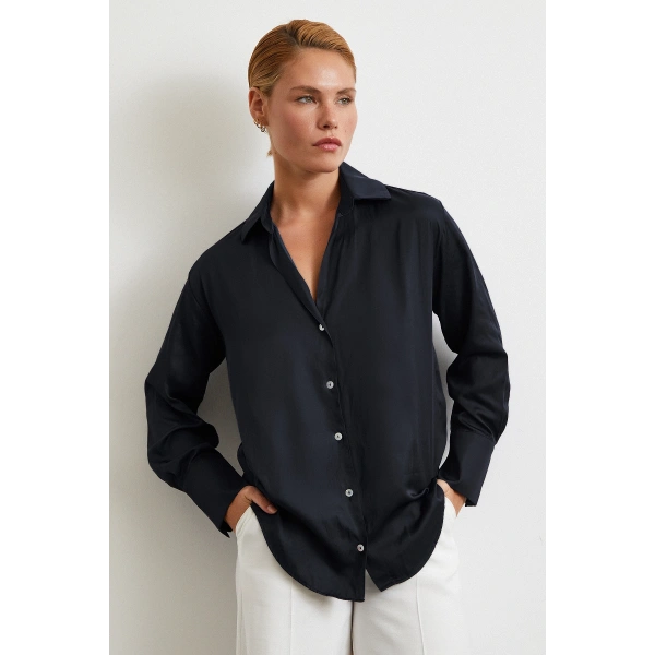 Diagonal Desen Gömlek Siyah