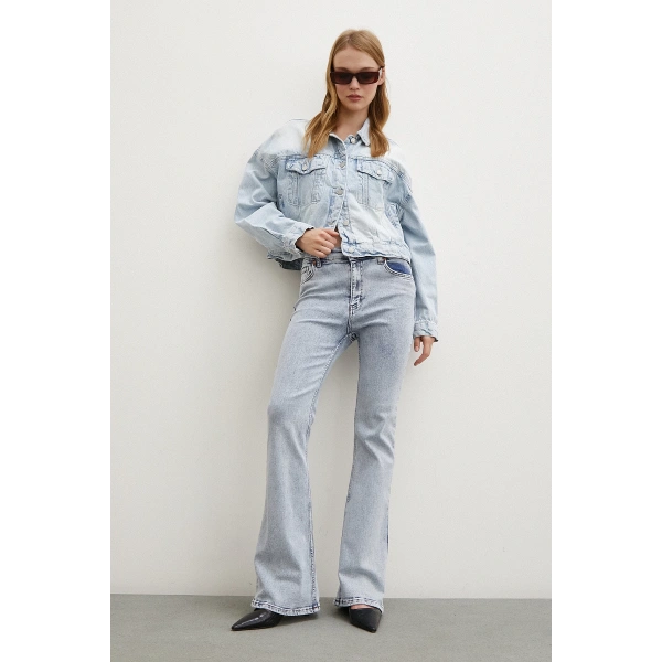 Yüksek Bel İspanyol Paça Jean Buz Mavisi