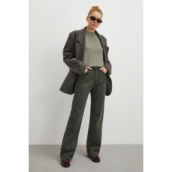 Yüksek Bel Kesik Boru Paça Jean Yeşil