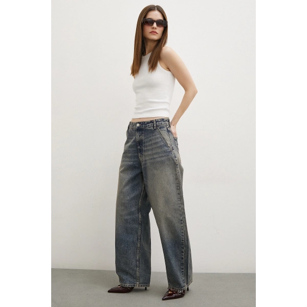 Yüksek Bel Baggy Jean Lacivert