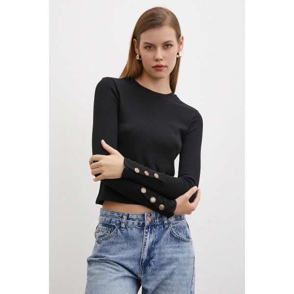 Kollu Düğmeli Bluz Siyah