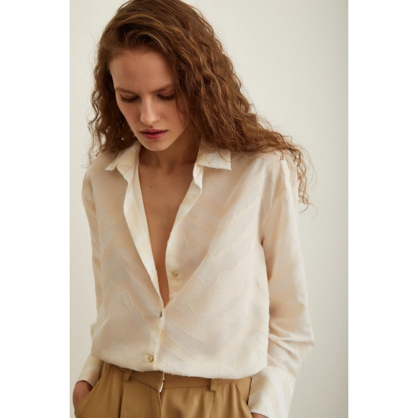 Viskon Flamlı Gömlek Krem