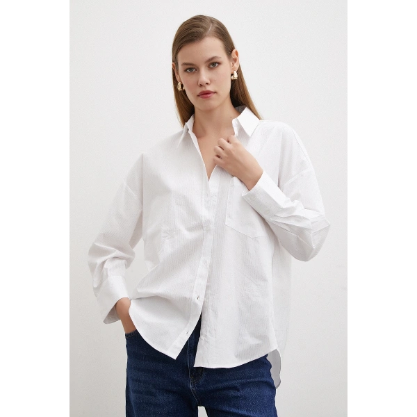 Varaklı Poplin Gömlek Beyaz