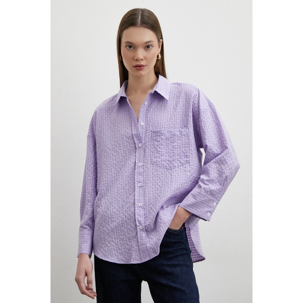 Gofre Kareli Gömlek Mor