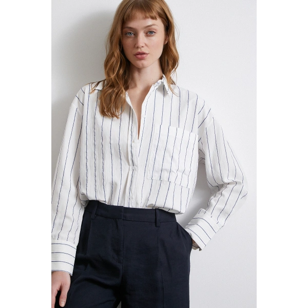 Çizgili Cepli Gömlek İndigo