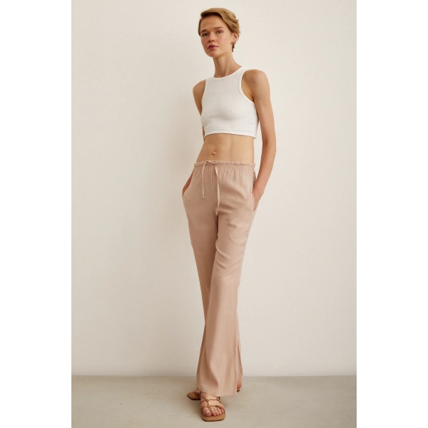 Beli Lastikli Biyeli Yüksek Bel Pantolon Pudra
