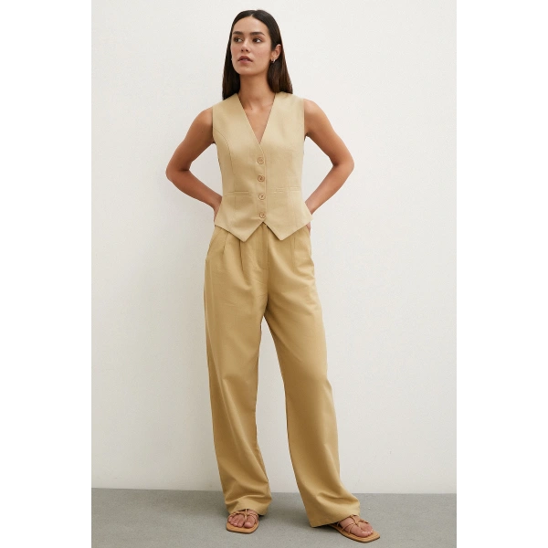 Boru Paça Yüksek Bel Keten Pantolon Camel