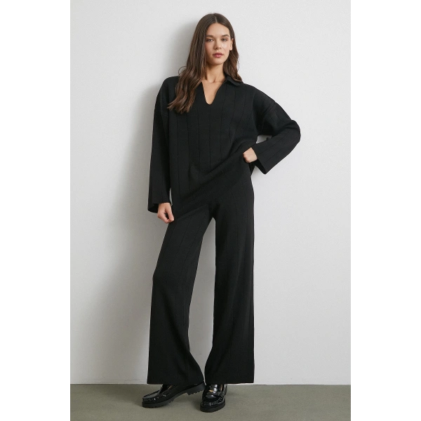 Polo Yaka Pantolonlu Triko Takım Siyah