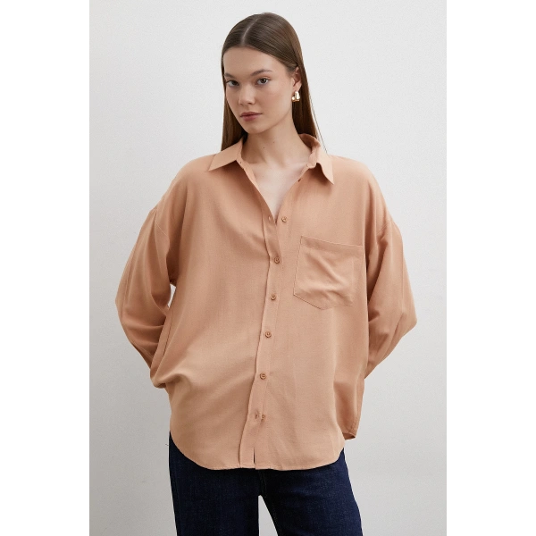 Keten Karışımlı Linen Prunes Gömlek Pudra