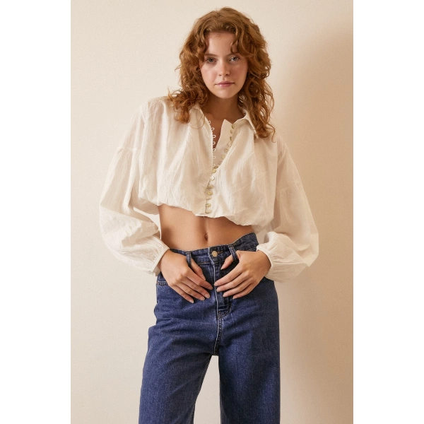 Balon Crop Gömlek Beyaz