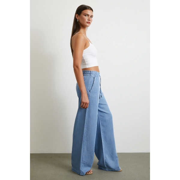 Beli Lastikli Bağcıklı Geniş Paça Pantolon Mavi