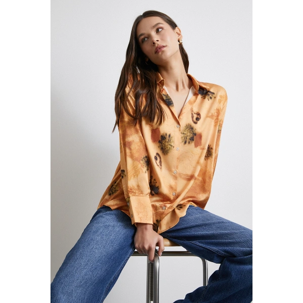 V Yaka Desenli Gömlek Somon