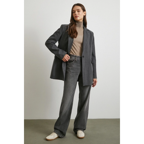 Beş Cepli Yüksek Bel Jean Gri