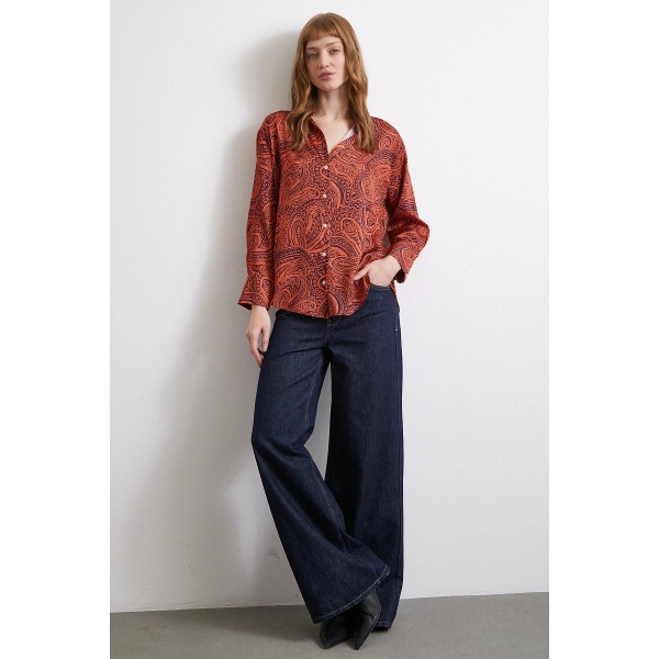 Desenli Gofret Saten Gömlek Turuncu