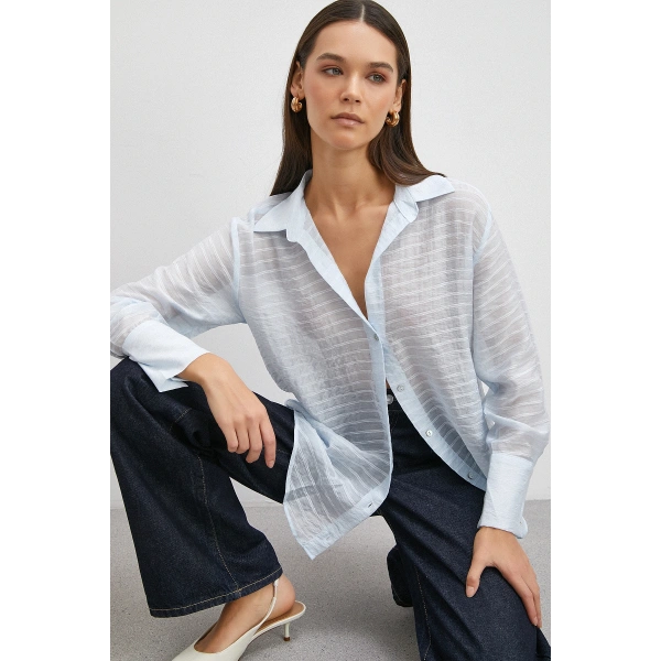 Kabartma Çizgili Gömlek Mavi