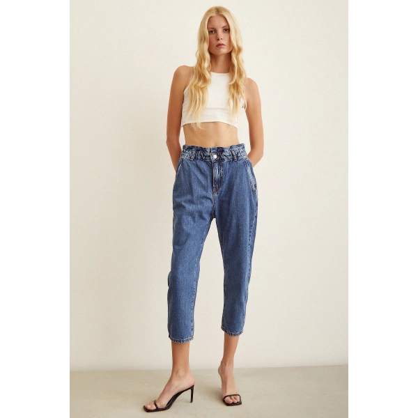 Beli Lastikli Mom Jean Mavi