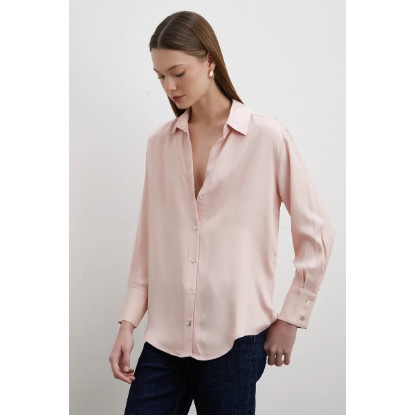 Floş Basic Saten Gömlek Bej