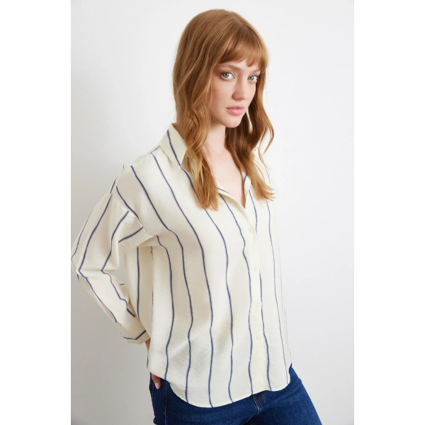 Çizgili Modal Gömlek İndigo