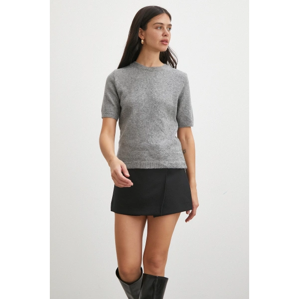 Simli Kısa Kol Kazak Gri