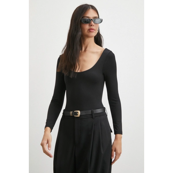 U Yaka Uzun Kollu Çıtçıtlı Bodysuit Siyah