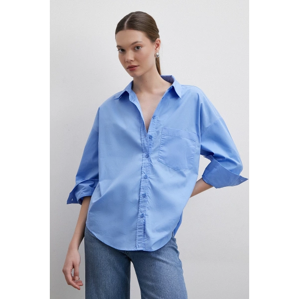 Oversize Pamuklu Gömlek Mavi