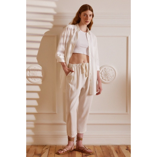 Beli İpli Salaş Gabardin Pantolon Ekru