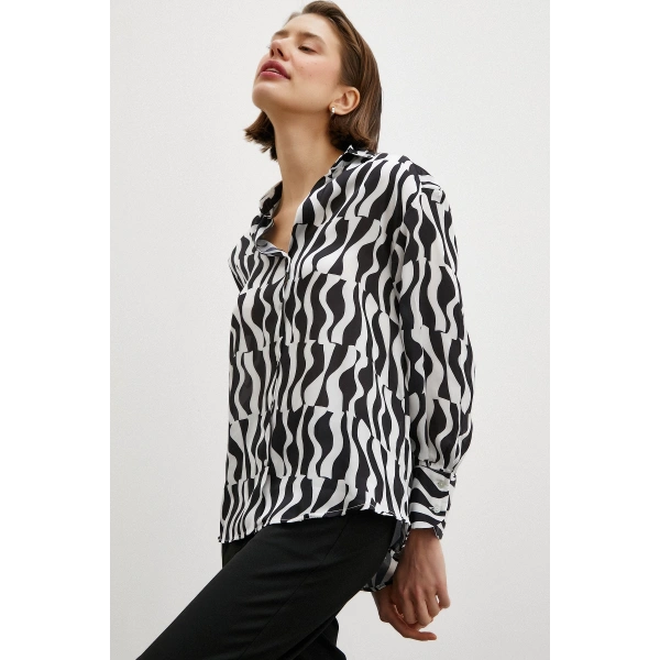 Siyah Baskılı Saten Gömlek Siyah