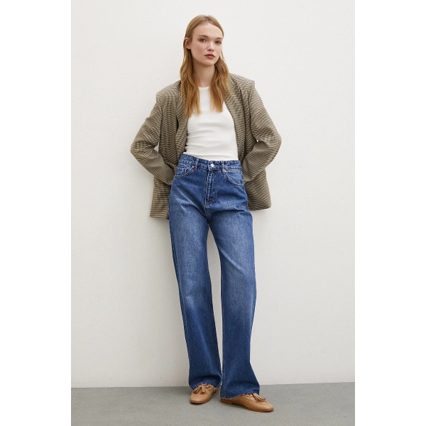 Yüksel Bel Jean Kesik Geniş Paça Mavi