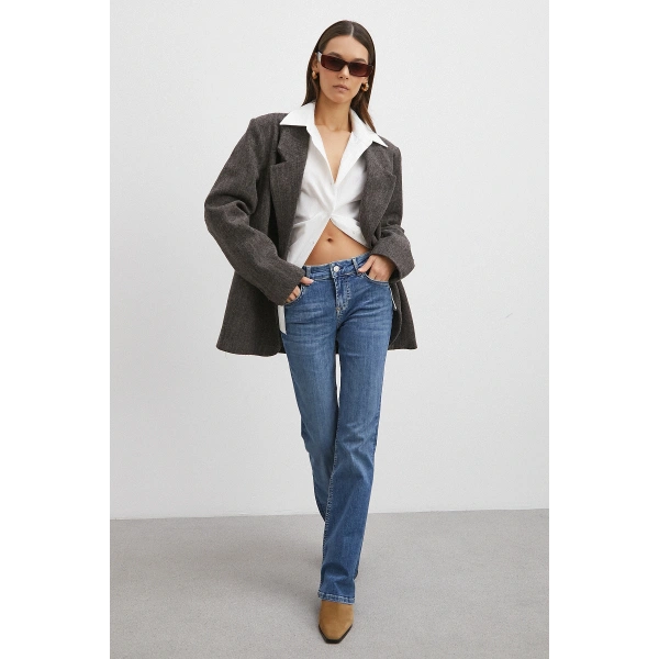 Orta  Bel Likralı İspanyol Paça Jean Mavi