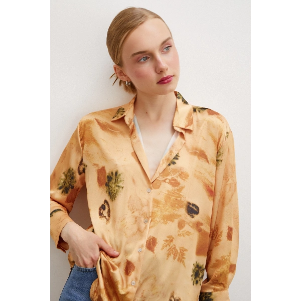 Desenli Saten Gömlek Somon
