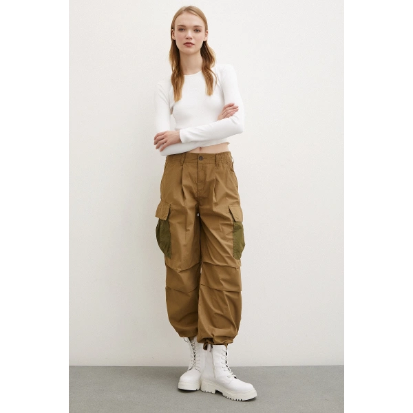 Beli Lastikli Kargo Cepli Paraşüt Pantolon Haki