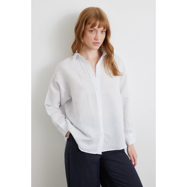 Simetrik Çizgili Gömlek Mavi