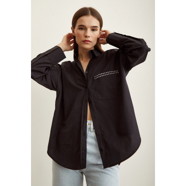 Taş Detaylı Poplin Gömlek Siyah