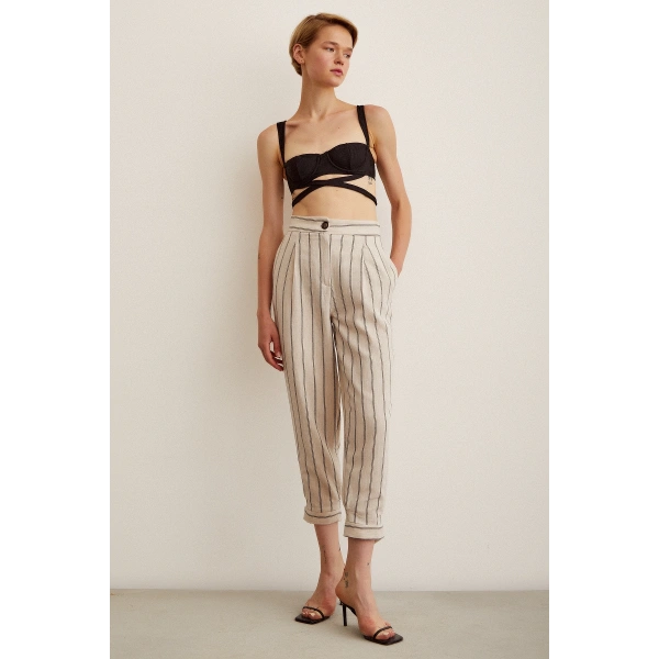 Önü Düğmeli Çizgili Pantolon Çizgili Ekru
