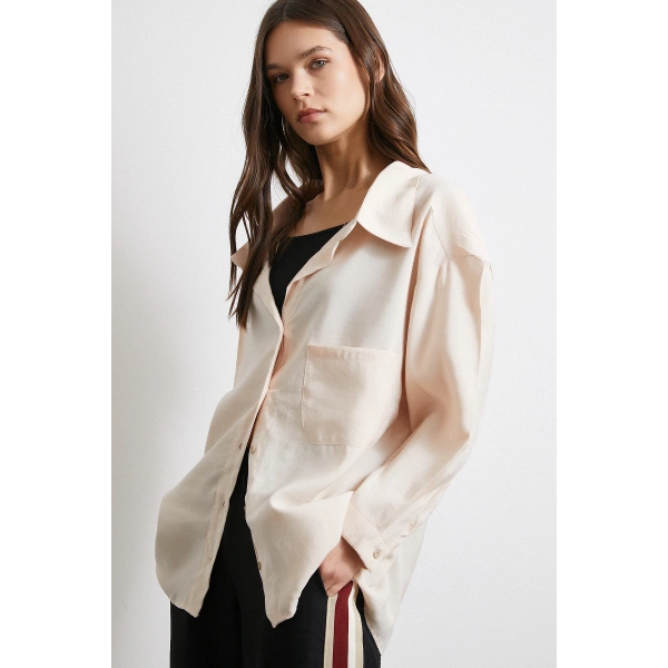 Oversize Cepli Modal Gömlek Bej